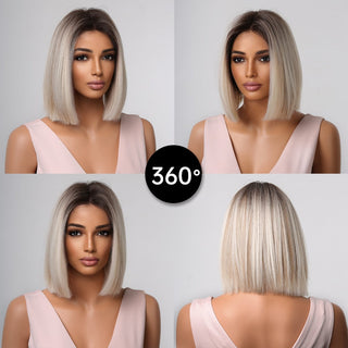 Ombre Brown Platinum Blonde Synthetic Wigs Short Straight Bob Wigs for Black Women Daily Natural Heat Resistant Hair Cosplay ALODIA STORE