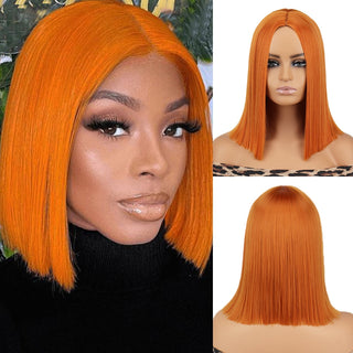 WERD Short Orange Straight Bob Wig Synthetic Wigs For Women With Bangs Daily Cosplay Hair Heat Resistant ALODIA STORE