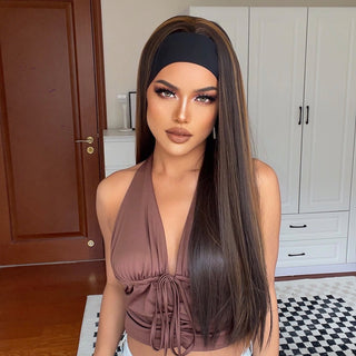 Chocolate Brown Mixed Golden Blonde Long Straight Synthetic Women's Headband Wigs Bohemian Hair For Black Women Fake Hair ALODIA STORE