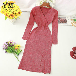 YuooMuoo Ins Fashion Shining V Neck Knitted Dress Women ALODIA STORE