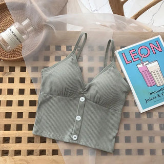 Women Camisole Fashion Wild Solid Color Sling Tank Top Summer New Button V-neck Cotton Vest With Removable Chest Pad ALODIA STORE