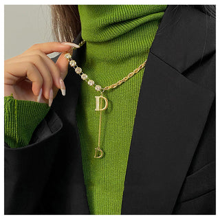 Design Sense Micro Setting Zircon D Letter Pendant Long Necklace Winter Sweater Chain Fashion Jewelry For Woman Girls Party Gift ALODIA STORE