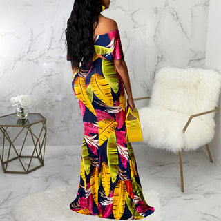 Sunflower Print Off Shoulder Maxi Dress Women Strapless Slash Neck Casual Long Dresses ALODIA STORE