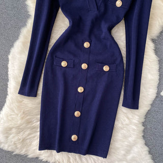 Women Knitted Pencil Dress Korean Long Sleeve V Neck Elastic Slim Dress ALODIA STORE