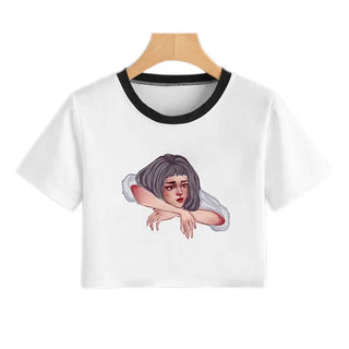 Summer Fashion Harajuku Sexy Tank Crop Top White Femme Clothes Women Cute Flower Season Girl Printed Croptop Short Sleeve ALODIA STORE