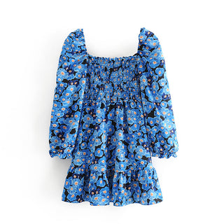 Vintage Blue Floral Print Dress Women Lantern Sleeve Square Neck A-line Dress Modern Female Holiday Summer Mini Chiffon Dress ALODIA STORE