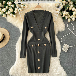 Women Knitted Pencil Dress Korean Long Sleeve V Neck Elastic Slim Dress ALODIA STORE