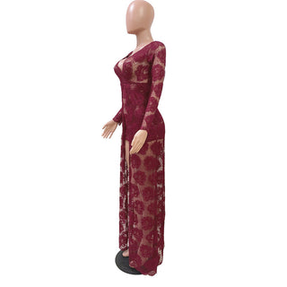 Adogirl Embroidery Floral Lace Dress Women Sexy See Through Long Sleeve Bodycon Women Dress Vintage Club Wear Party Dress Robe ALODIA STORE