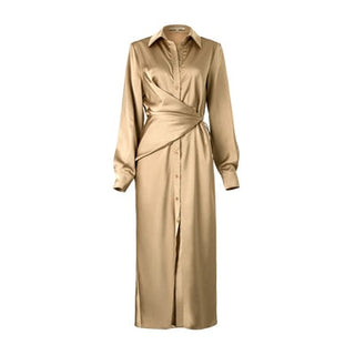 AEL lace up satin robe dress casual loose ladies Single breasted long shirt dress ALODIA STORE