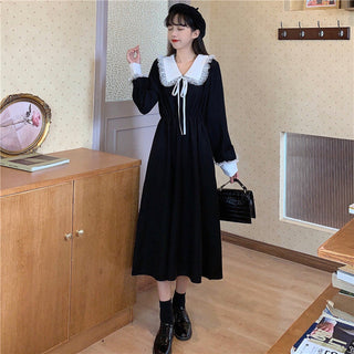 Vintage Dress Women Sweet Lace Peter Pan Collar French Elegant Long Sleeve Lace-Up Fairy One Piece Dress Korean 2021 Autumn Chic ALODIA STORE