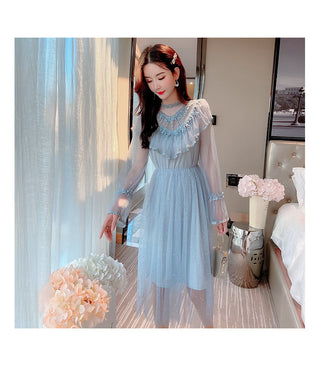 2022 Brand New Women Romantic Tulle Dress Stand Collar Beading Tassels Ruffles Long Sleeve Mesh Dress Cute Mid Dress Vestidos ALODIA STORE