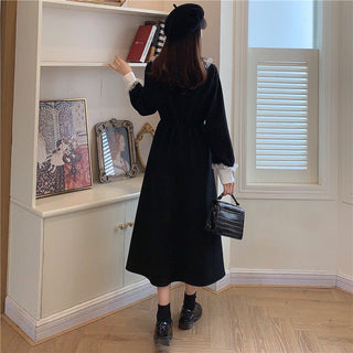 Vintage Dress Women Sweet Lace Peter Pan Collar French Elegant Long Sleeve Lace-Up Fairy One Piece Dress Korean 2021 Autumn Chic ALODIA STORE