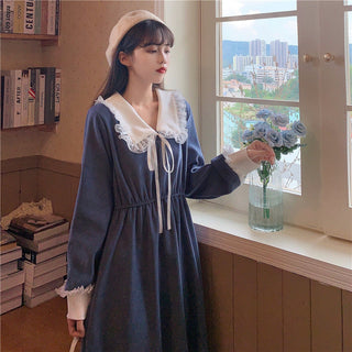 Vintage Dress Women Sweet Lace Peter Pan Collar French Elegant Long Sleeve Lace-Up Fairy One Piece Dress Korean 2021 Autumn Chic ALODIA STORE