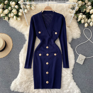 Women Knitted Pencil Dress Korean Long Sleeve V Neck Elastic Slim Dress ALODIA STORE