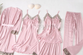 5PCS Robe Suit Satin Women Nightwear Lace Kimono Gown Bridal Wedding Bathrobe Set Sexy Pajamas V-Neck Sleepwear Lounge Lingerie ALODIA STORE