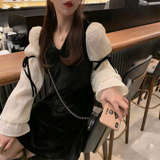 Vintage Mini Dress Lolita Women 2023 Autumn Lace Bow Velvet Evening Party Dress Female Y2k Casual Kawaii One Piece Dress Korean ALODIA STORE