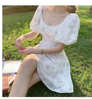 Summer Elegant Puff Sleeve French Floral Print Mini Dress Japan Style Kawaii Dress Women 2023 ALODIA STORE