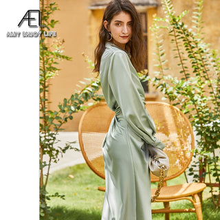 AEL lace up satin robe dress casual loose ladies Single breasted long shirt dress ALODIA STORE