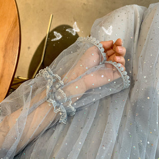 2022 Brand New Women Romantic Tulle Dress Stand Collar Beading Tassels Ruffles Long Sleeve Mesh Dress Cute Mid Dress Vestidos ALODIA STORE