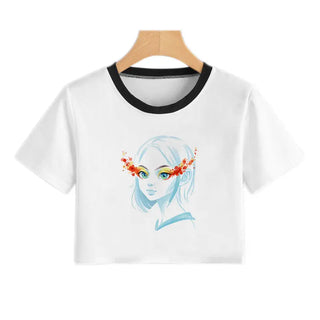 Summer Fashion Harajuku Sexy Tank Crop Top White Femme Clothes Women Cute Flower Season Girl Printed Croptop Short Sleeve ALODIA STORE