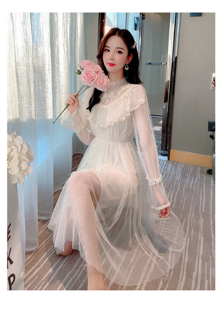 2022 Brand New Women Romantic Tulle Dress Stand Collar Beading Tassels Ruffles Long Sleeve Mesh Dress Cute Mid Dress Vestidos ALODIA STORE