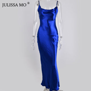 JULISSA MO Sexy Spaghetti Strap Backless Summer Dress Women Satin Lace Up Trumpet Long Dress Elegant Bodycon Party Dresses 2023 ALODIA STORE