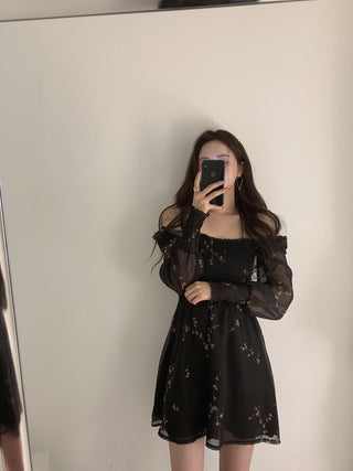 Sexy Black Dress Vintage Flower Long Puff Sleeve Chiffon Dresses ALODIA STORE