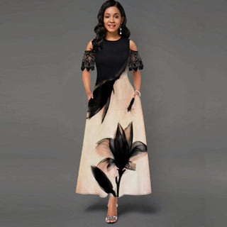 Fashion Vintage Long Dress Women Sexy Lace Short Sleeve Off-shoulder O-neck Party Dress 2021 Summer Floral Printed Elegant Dress ALODIA STORE