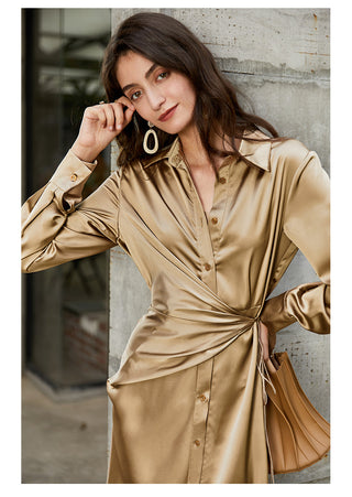 AEL lace up satin robe dress casual loose ladies Single breasted long shirt dress ALODIA STORE