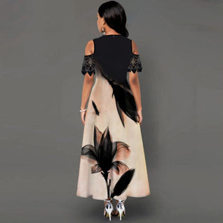 Fashion Vintage Long Dress Women Sexy Lace Short Sleeve Off-shoulder O-neck Party Dress 2021 Summer Floral Printed Elegant Dress ALODIA STORE