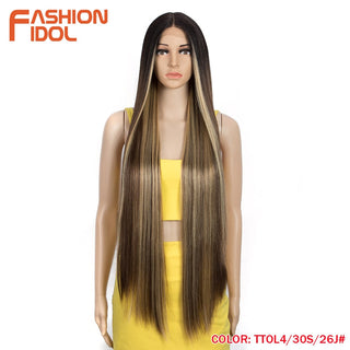 38 inch Straight Hair Synthetic Lace Front Wigs For Women High Temperature Fiber Ombre Blonde Highlight Cosplay Wig FASHION IDOL ALODIA STORE
