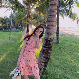 Pink Elegant Kawaii Dress Women Floral Print Cherry Mini Dress Female Casual Sweet Japan Korean Style Summer Dress Women 2020 ALODIA STORE
