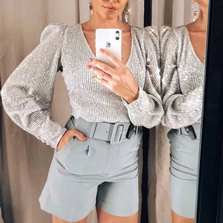 Elegant Women Sequined Tops 2021 Spring Fashion Ladies Vintage Silver Top Party Female Sexy V-Neck Tops Femme Girls Chic Clothes ALODIA STORE