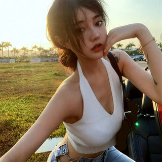 Summer Tank Top V Neck Tops Women CropTop Knitting Beach Cropped Sexy Fashion Clothes Women Camisole Streetwear ALODIA STORE