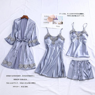 4PCS Satin Sleepwear Lady Pajamas Suit Nighty&amp;Robe Set Sexy Intimate Lingerie Casual Bridal Wedding Gift Homewear Nightgown ALODIA STORE