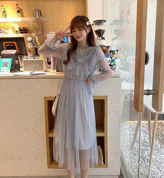 2022 Brand New Women Romantic Tulle Dress Stand Collar Beading Tassels Ruffles Long Sleeve Mesh Dress Cute Mid Dress Vestidos ALODIA STORE
