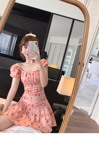 Pink Elegant Kawaii Dress Women Floral Print Cherry Mini Dress Female Casual Sweet Japan Korean Style Summer Dress Women 2020 ALODIA STORE