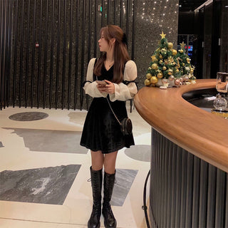 Vintage Mini Dress Lolita Women 2023 Autumn Lace Bow Velvet Evening Party Dress Female Y2k Casual Kawaii One Piece Dress Korean ALODIA STORE