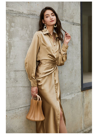 AEL lace up satin robe dress casual loose ladies Single breasted long shirt dress ALODIA STORE