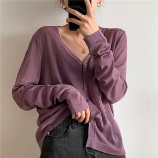 Cardigan Women Korean Long Sleeve Cardigan Summer Cropped Cardigan Knitted V-Neck Thin Ice Silk Sweaters Sunscreen Shirt Tops ALODIA STORE
