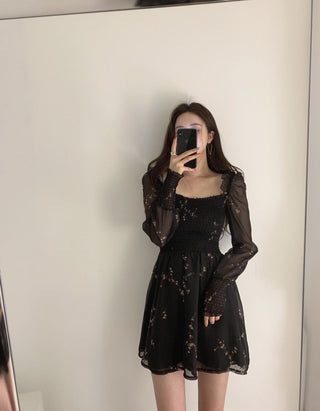 Sexy Black Dress Vintage Flower Long Puff Sleeve Chiffon Dresses ALODIA STORE