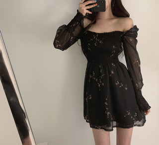 Sexy Black Dress Vintage Flower Long Puff Sleeve Chiffon Dresses ALODIA STORE