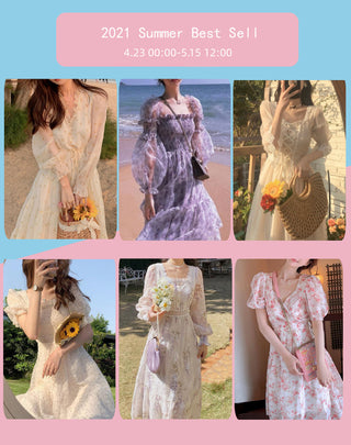 2023 Summer Lace Elegant Midi Dress Women Puff Sleeve Square Collar Boho Beach Floral Dress Female Party One Piece Dress Korean ALODIA STORE