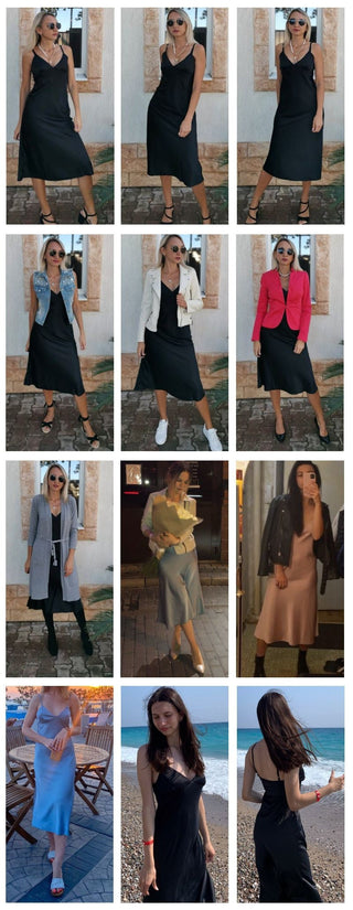 2023Women Satin Deep V Neck Sexy Dress Solid Straight Pajamas Party Dress Elegant Female Summer Spaghetti Strap Dress Casual ALODIA STORE