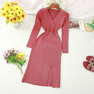 YuooMuoo Ins Fashion Shining V Neck Knitted Dress Women ALODIA STORE