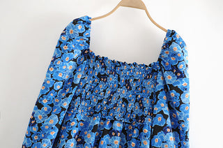 Vintage Blue Floral Print Dress Women Lantern Sleeve Square Neck A-line Dress Modern Female Holiday Summer Mini Chiffon Dress ALODIA STORE