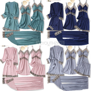 5PCS Robe Suit Satin Women Nightwear Lace Kimono Gown Bridal Wedding Bathrobe Set Sexy Pajamas V-Neck Sleepwear Lounge Lingerie ALODIA STORE