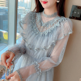 2022 Brand New Women Romantic Tulle Dress Stand Collar Beading Tassels Ruffles Long Sleeve Mesh Dress Cute Mid Dress Vestidos ALODIA STORE