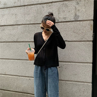 Cardigan Women Korean Long Sleeve Cardigan Summer Cropped Cardigan Knitted V-Neck Thin Ice Silk Sweaters Sunscreen Shirt Tops ALODIA STORE
