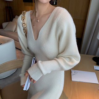 Elegant Long White Knitting Dress Women Winter V-Neck Long ALODIA STORE